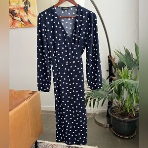 SFW Suitable for Work Navy Polka Dot Wrap Midi Dress